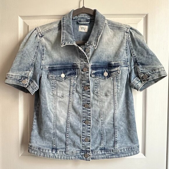 Wash Lab Women's Medium Denim Jean Jacket Short Puff Sleeve Light Wash Button Up - Picture 12 of 12